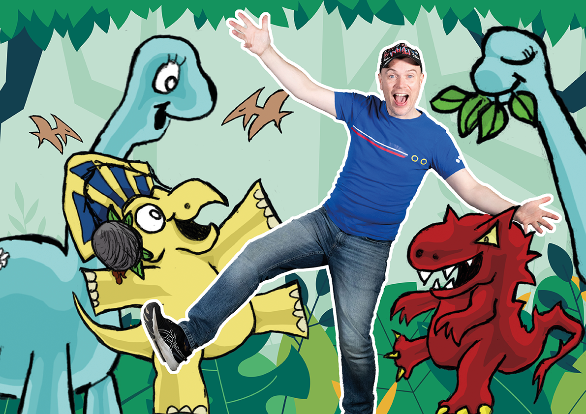 A man dancing with cartoon dinosaurs behind him