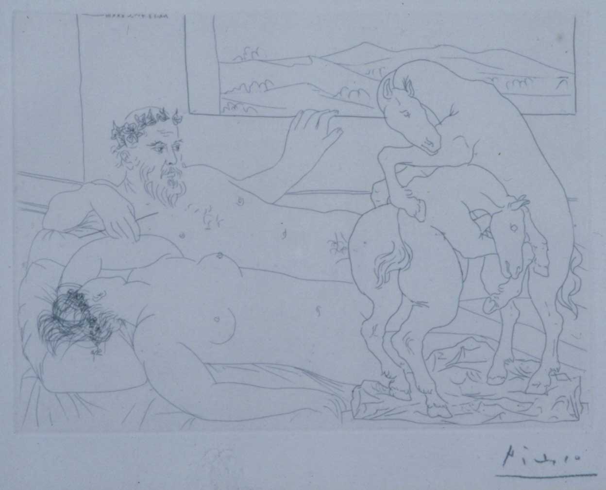 Peintre et modele regardant un combat de chevaux