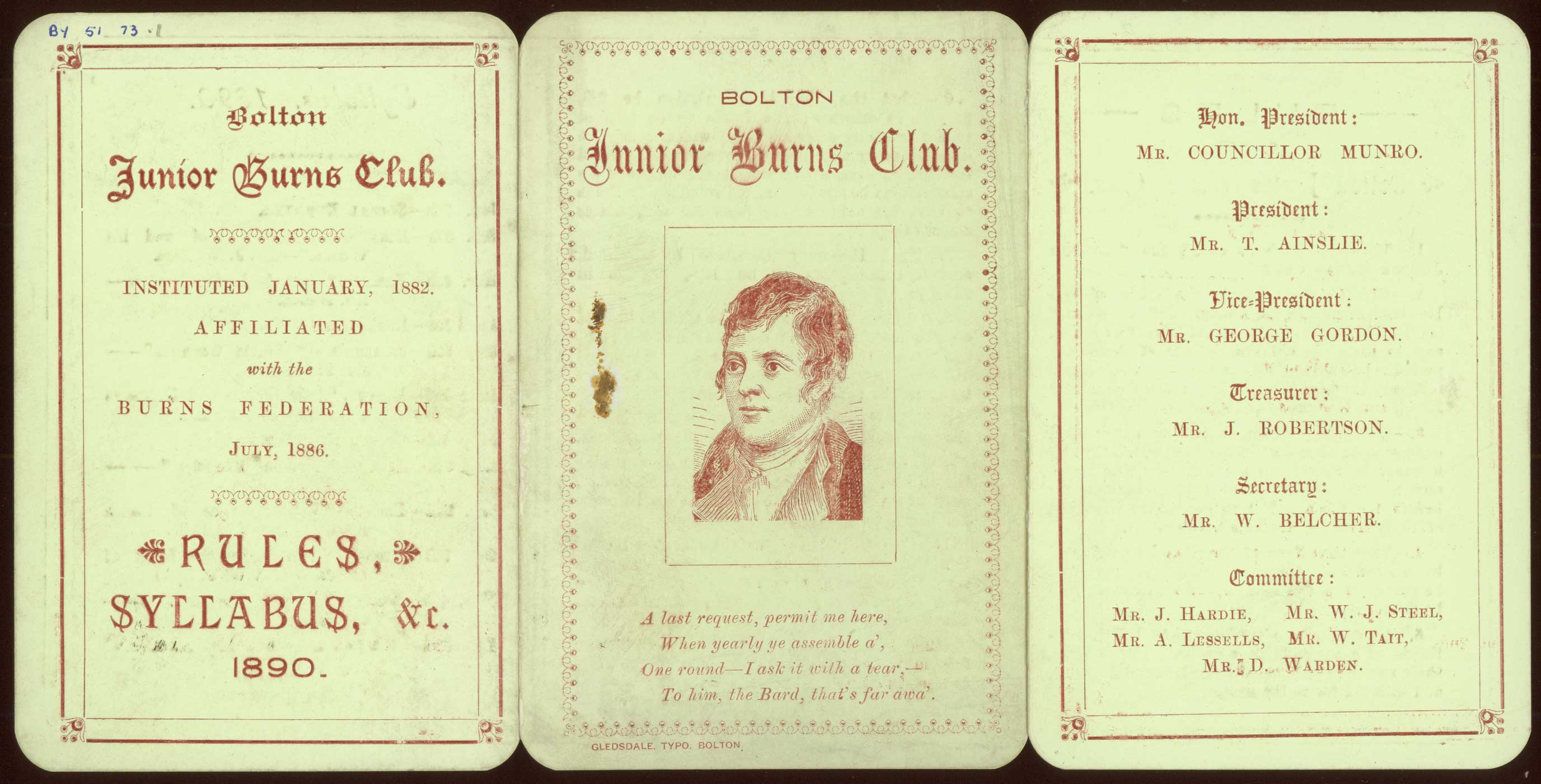 Membership card for Bolton Junior Burns Club