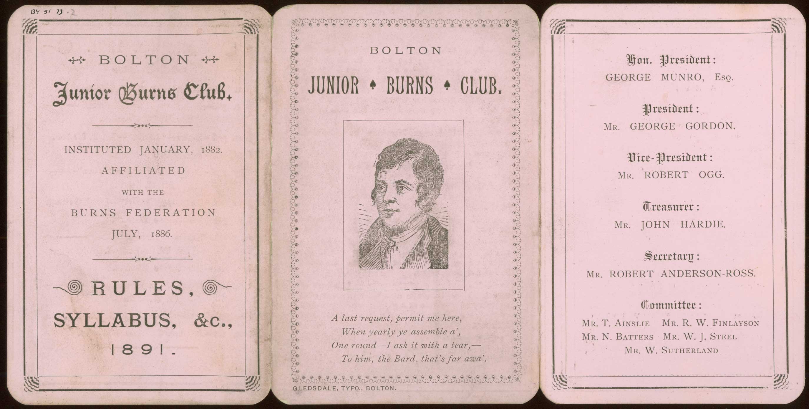 Membership card for Bolton Junior Burns Club