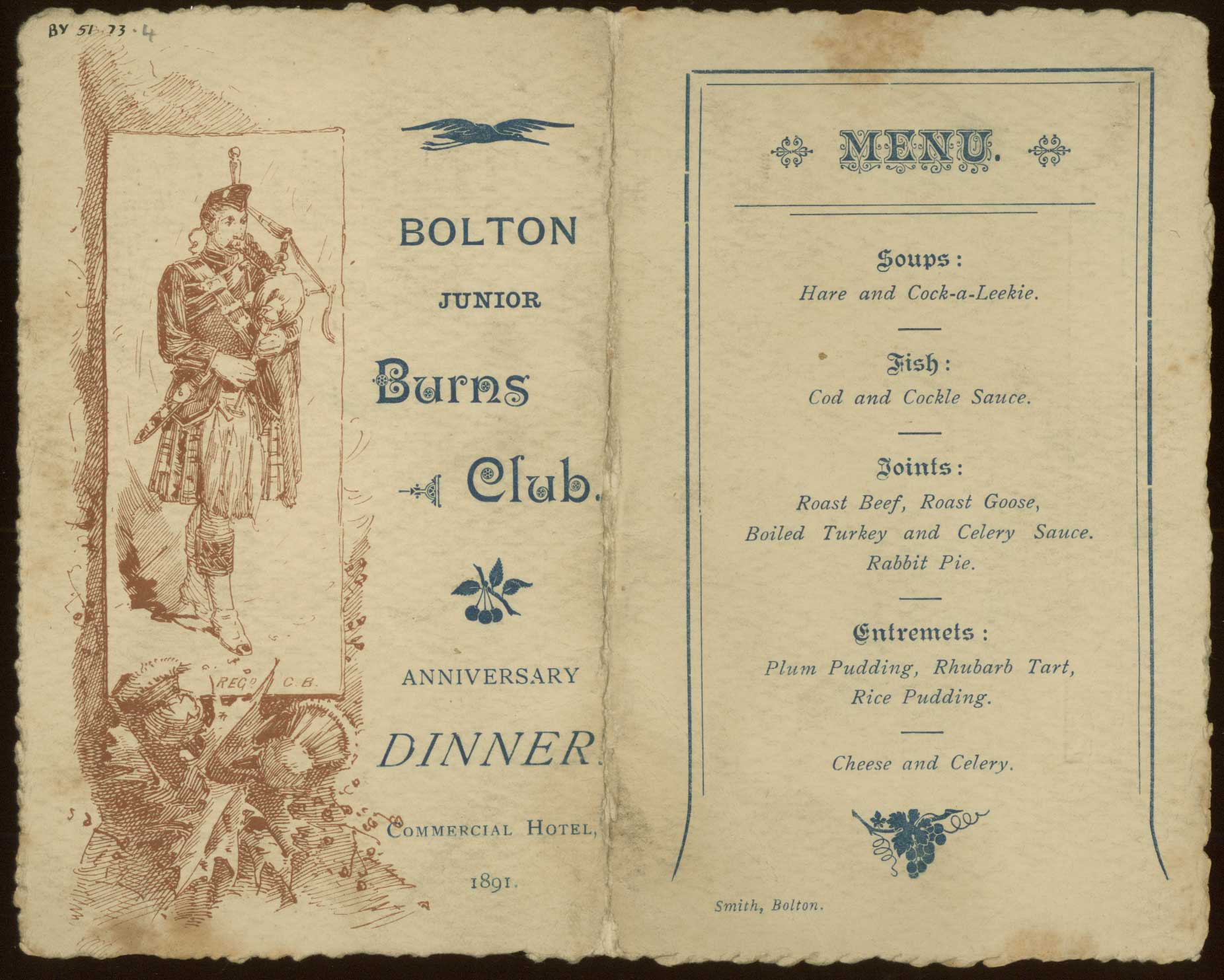 Menu card for Bolton Junior Burns Club Anniversary Dinner