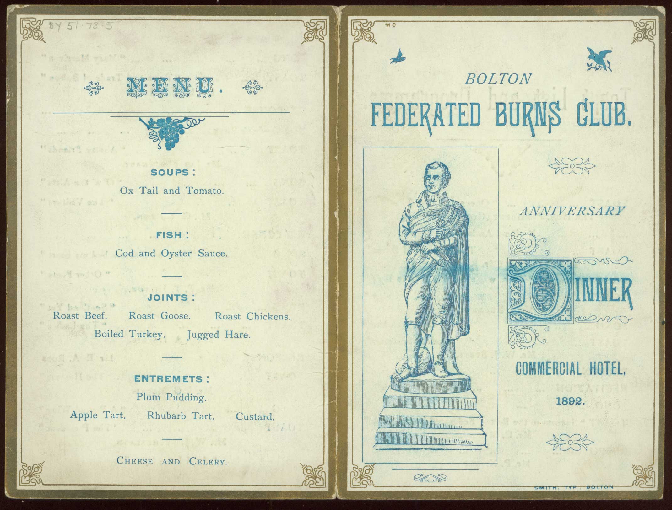 Menu card for Bolton Federated Burns Club Anniversary Dinner