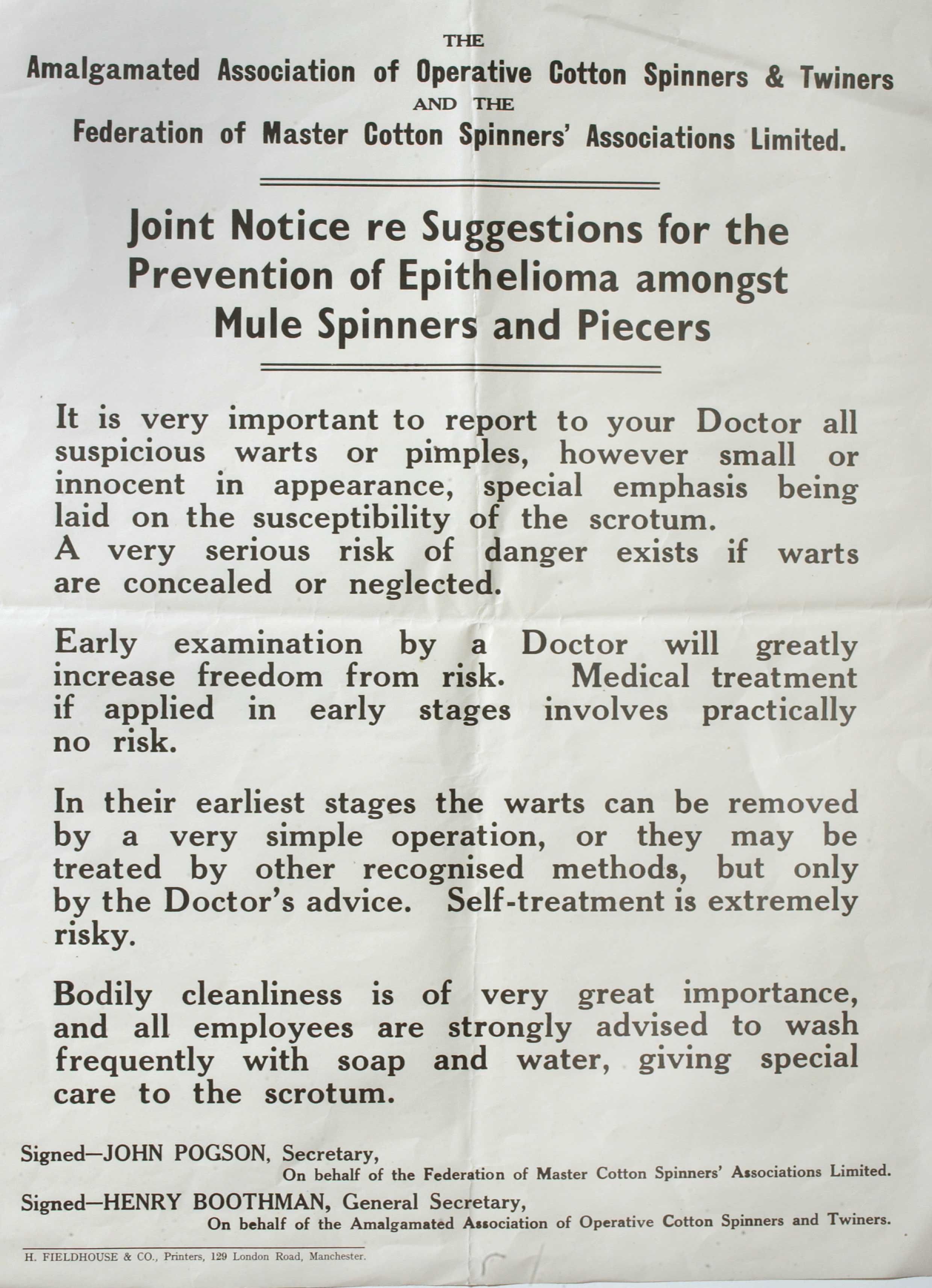 Factory notice on prevention of Epithelioma.