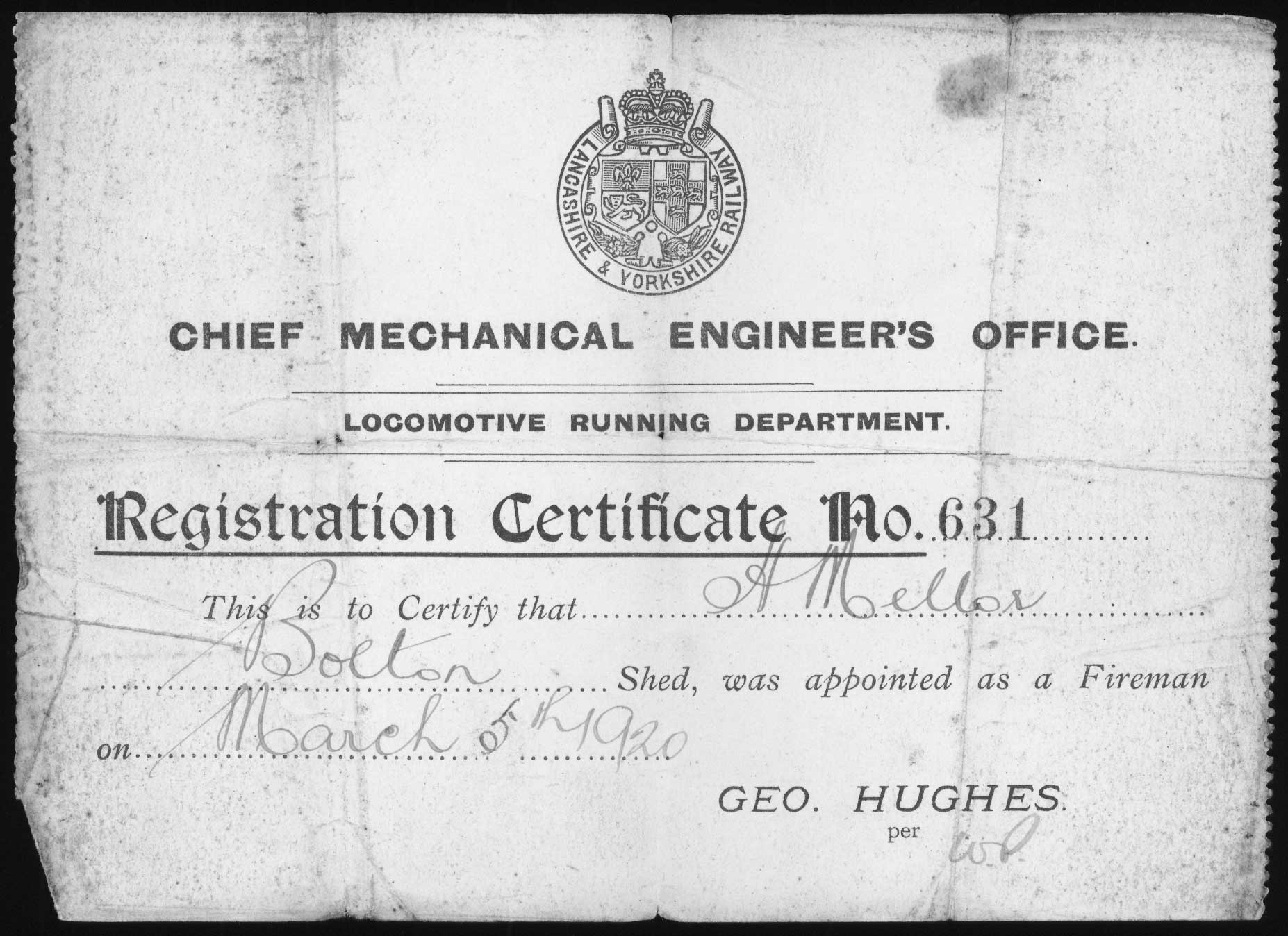 Lancashire and Yorkshire Railway registration certificate.
