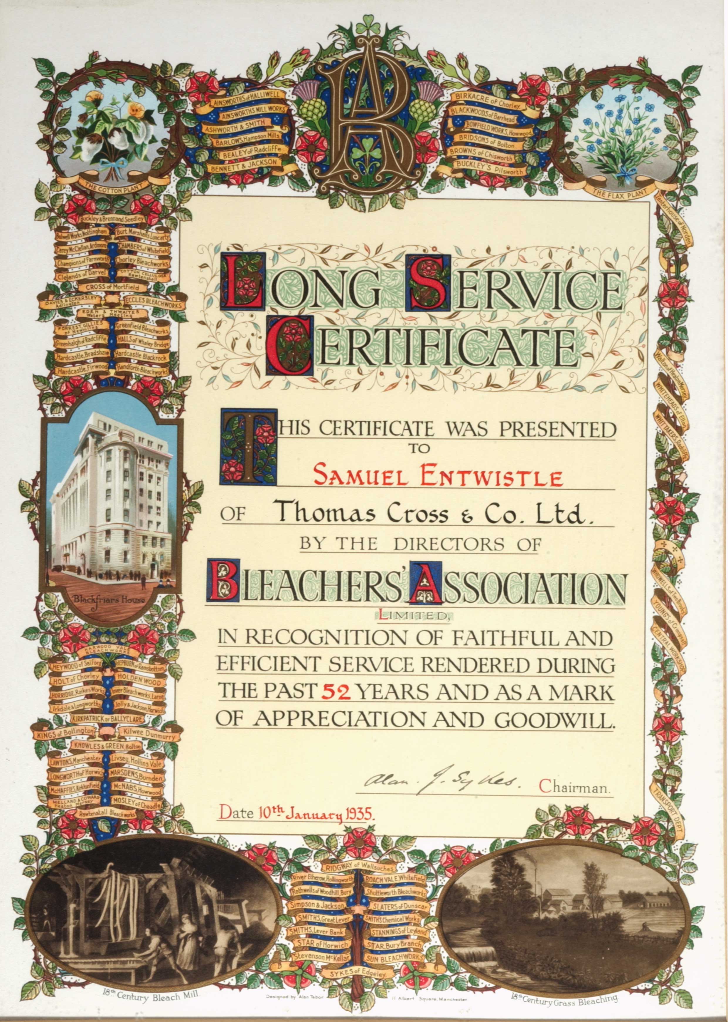 Thomas Cross and Co. Ltd. long service certificate