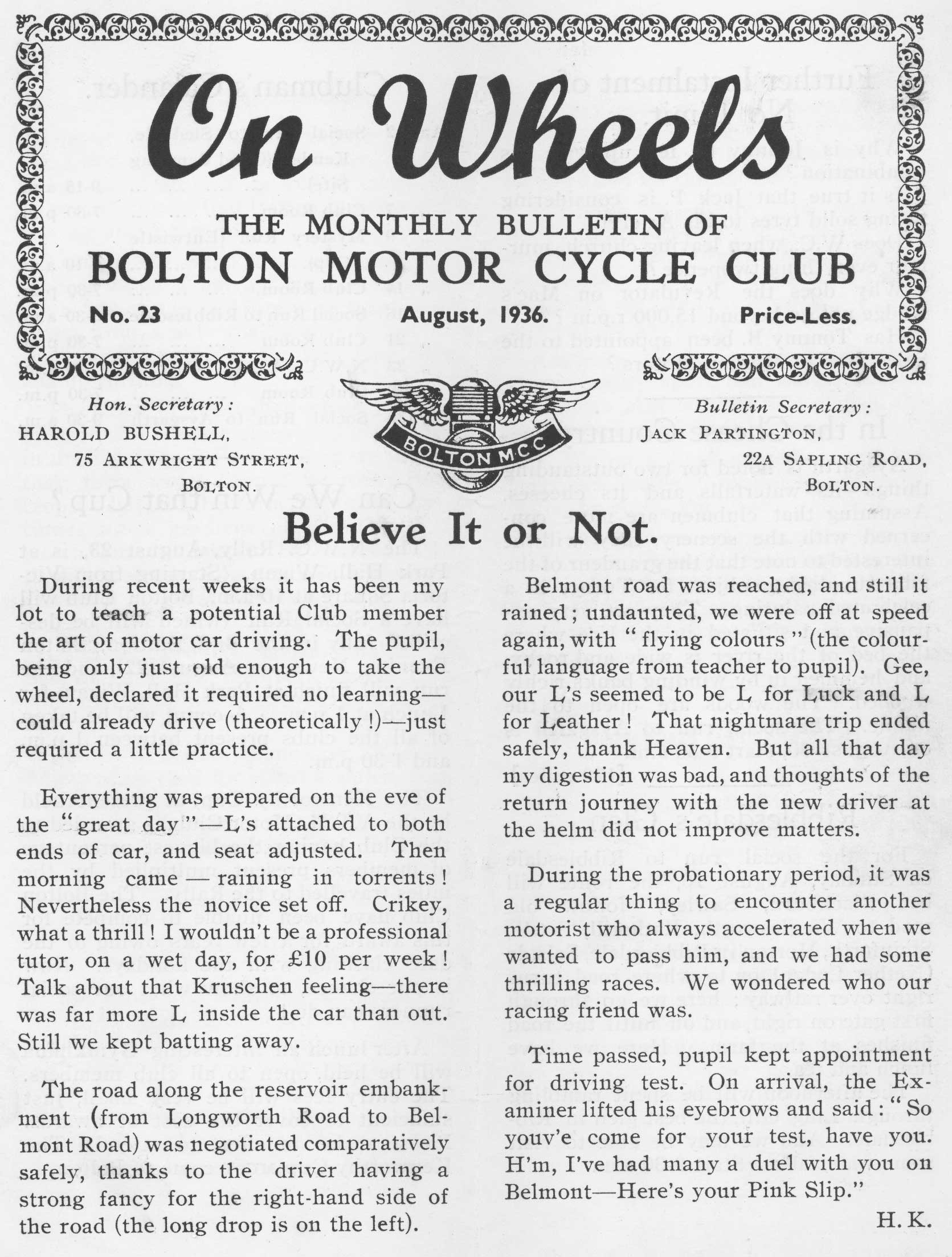 Bolton Motor Cycle Club bulletin