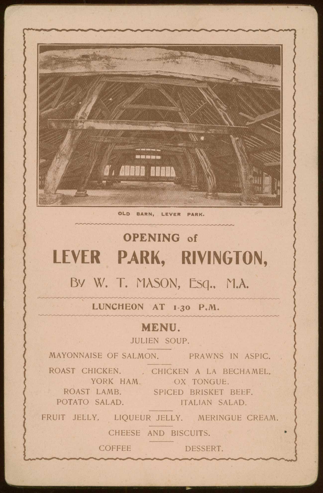 Menu card for Lever Park opening